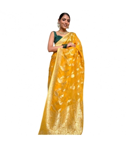 Women's Silk Printed Saree With Unstitched Blouse 5.5Mtr (Gold Yellow)