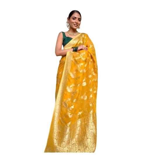 Women's Silk Printed Saree With Unstitched Blouse 5.5Mtr (Gold Yellow)