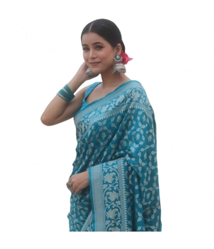 Women's Silk Printed Saree With Unstitched Blouse 5.5Mtr (Sky Blue)