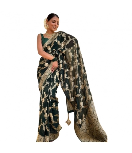 Women's Silk Printed Saree With Unstitched Blouse 5.5Mtr (Dark Green)