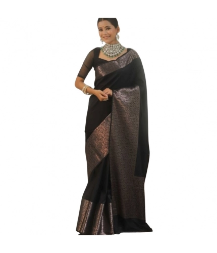 Women's Silk Printed Saree With Unstitched Blouse 5.5Mtr (Black)
