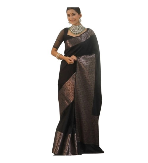 Women's Silk Printed Saree With Unstitched Blouse 5.5Mtr (Black)