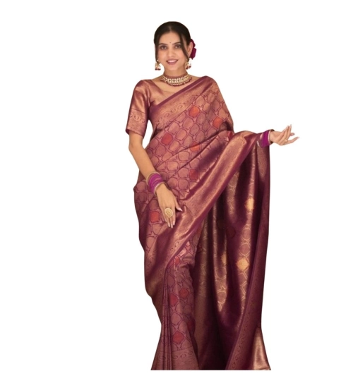 Women's Silk Printed Saree With Unstitched Blouse 5.5Mtr (Wine)
