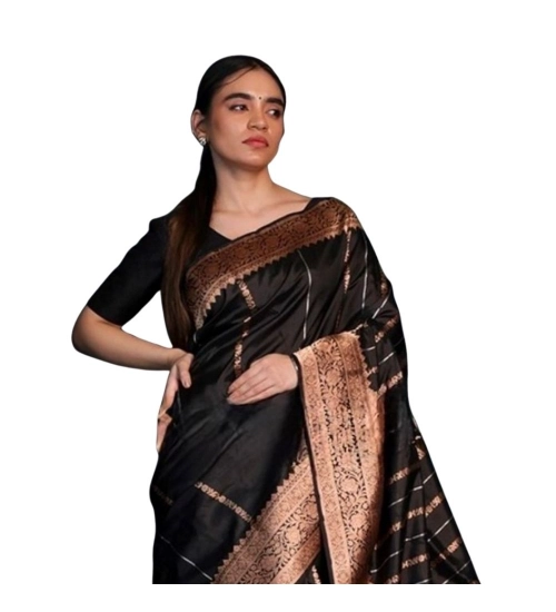 Women's Silk Printed Saree With Unstitched Blouse 5.5Mtr (Black)