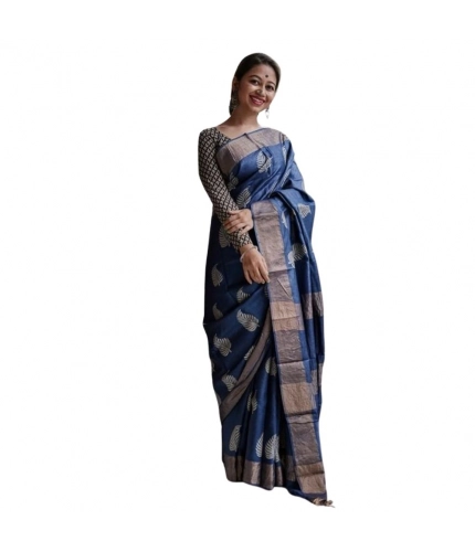 Women's Silk Printed Saree With Unstitched Blouse 5.5Mtr (Navy Blue)