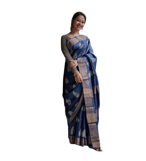 Women's Silk Printed Saree With Unstitched Blouse 5.5Mtr (Navy Blue)
