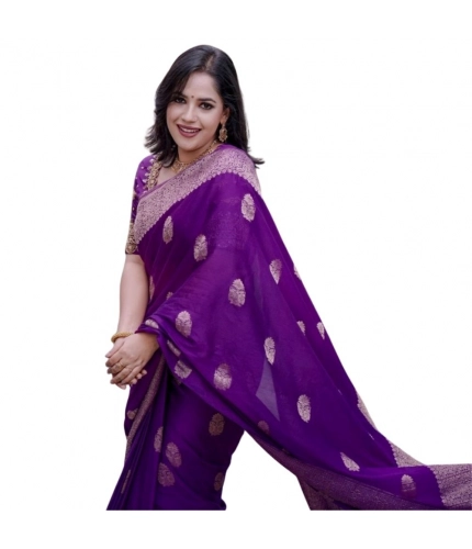 Women's Silk Printed Saree With Unstitched Blouse 5.5Mtr (Purple)