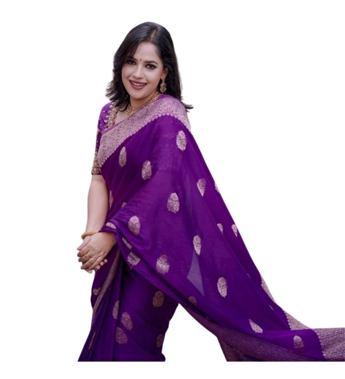Women's Silk Printed Saree With Unstitched Blouse 5.5Mtr (Purple)