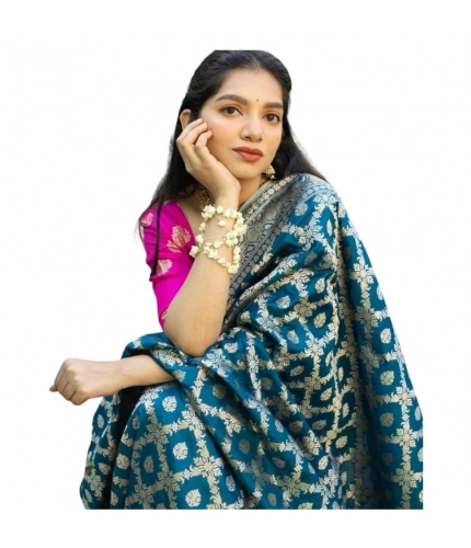 Women's Silk Printed Saree With Unstitched Blouse 5.5Mtr (Sky Blue)