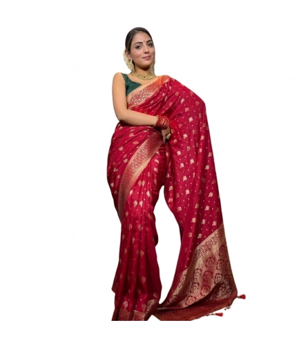 Women's Silk Printed Saree With Unstitched Blouse 5.5Mtr (Red)