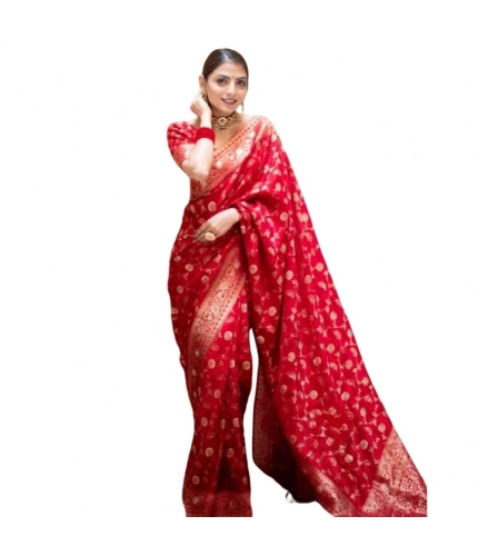 Women's Silk Printed Saree With Unstitched Blouse 5.5Mtr (Red)