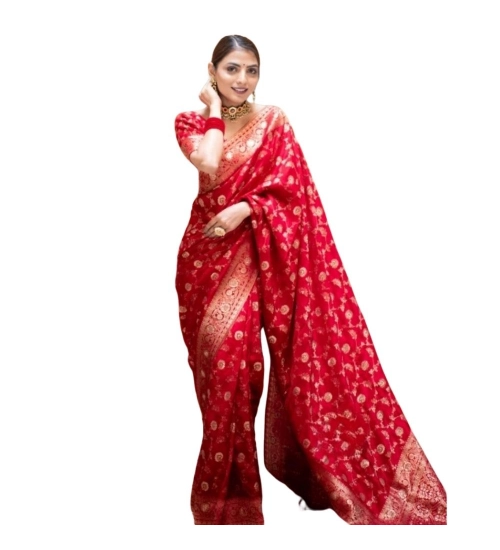 Women's Silk Printed Saree With Unstitched Blouse 5.5Mtr (Red)