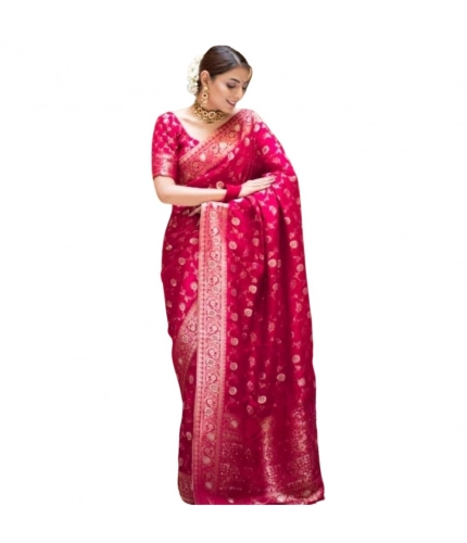 Women's Silk Printed Saree With Unstitched Blouse 5.5Mtr (Rani Pink)