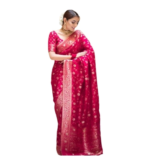 Women's Silk Printed Saree With Unstitched Blouse 5.5Mtr (Rani Pink)