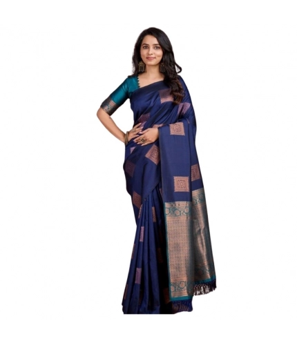 Women's Silk Printed Saree With Unstitched Blouse 5.5Mtr (Navy Blue)