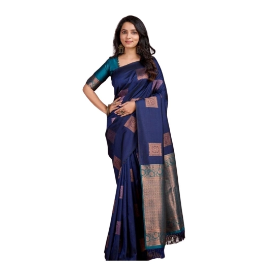 Women's Silk Printed Saree With Unstitched Blouse 5.5Mtr (Navy Blue)
