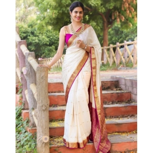 Generic Women's Silk Printed Saree With Unstitched Blouse 5.5Mtr (White)