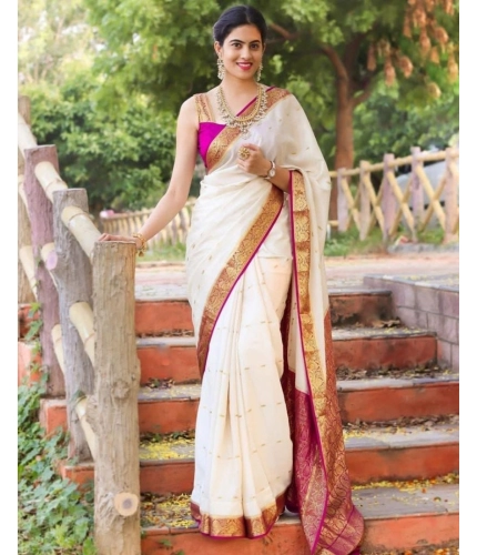 Women's Silk Printed Saree With Unstitched Blouse 5.5Mtr (White)