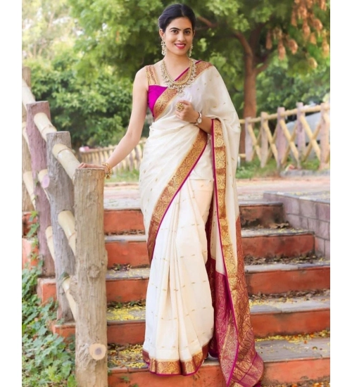 Women's Silk Printed Saree With Unstitched Blouse 5.5Mtr (White)