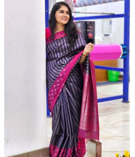 Women's Silk Printed Saree With Unstitched Blouse 5.5Mtr (Navy Blue)