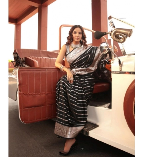 Women's Silk Printed Saree With Unstitched Blouse 5.5Mtr (Black)