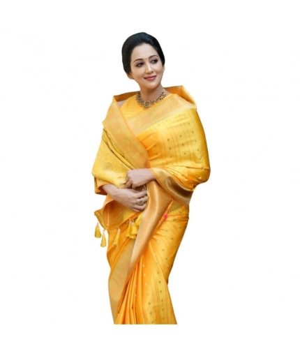 Women's Silk Printed Saree With Unstitched Blouse 5.5Mtr (Yellow)