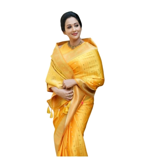 Women's Silk Printed Saree With Unstitched Blouse 5.5Mtr (Yellow)