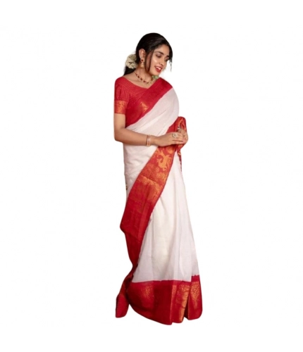 Women's Silk Printed Saree With Unstitched Blouse 5.5Mtr (White)