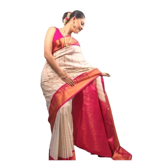 Women's Silk Printed Saree With Unstitched Blouse 5.5Mtr (White-Pink)