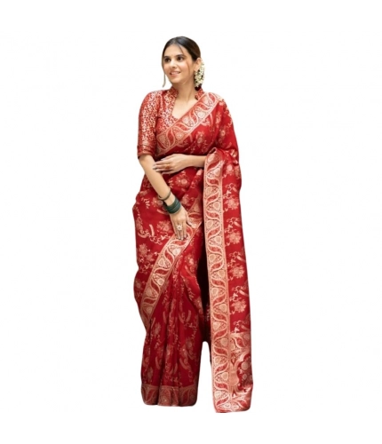 Women's Silk Printed Saree With Unstitched Blouse 5.5Mtr (Red)