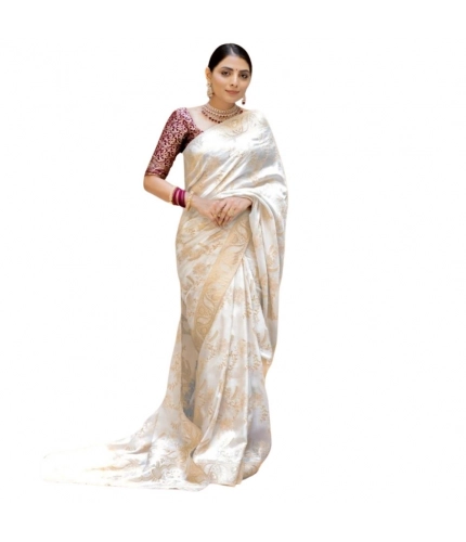 Women's Silk Printed Saree With Unstitched Blouse 5.5Mtr (White)