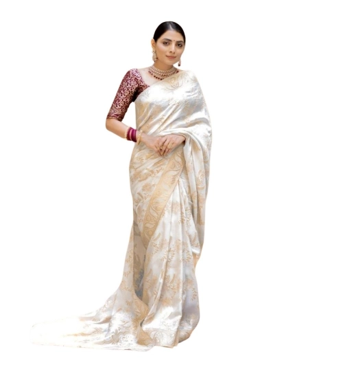 Women's Silk Printed Saree With Unstitched Blouse 5.5Mtr (White)