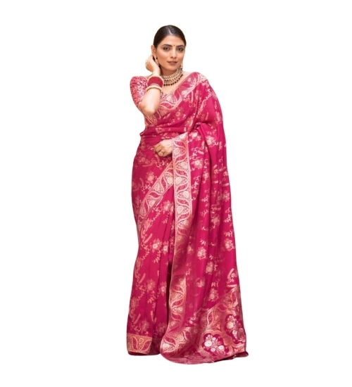 Women's Silk Printed Saree With Unstitched Blouse 5.5Mtr (Pink)