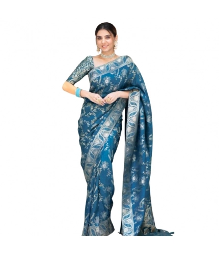 Women's Silk Printed Saree With Unstitched Blouse 5.5Mtr (Teal Blue)