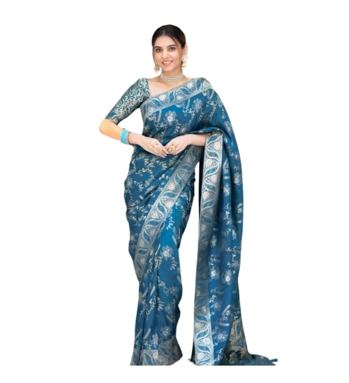 Women's Silk Printed Saree With Unstitched Blouse 5.5Mtr (Teal Blue)