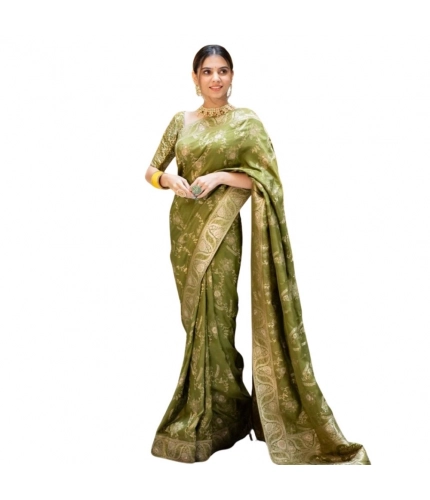 Women's Silk Printed Saree With Unstitched Blouse 5.5Mtr (Olive Green)