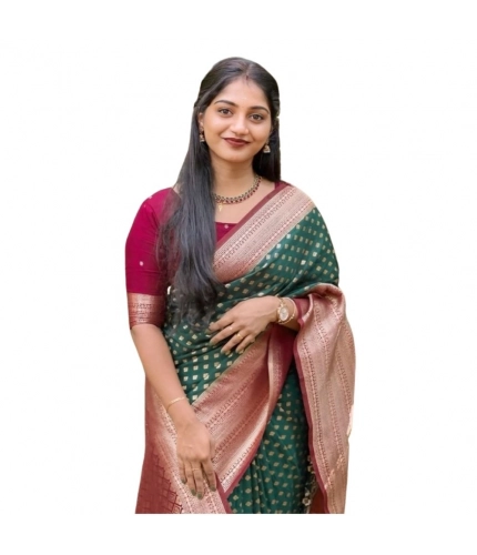 Women's Silk Printed Saree With Unstitched Blouse 5.5Mtr (Green-Red)