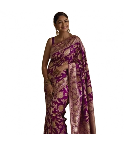 Women's Silk Printed Saree With Unstitched Blouse 5.5Mtr (Purple)
