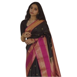 Women's Silk Printed Saree With Unstitched Blouse 5.5Mtr (Black-Pink)
