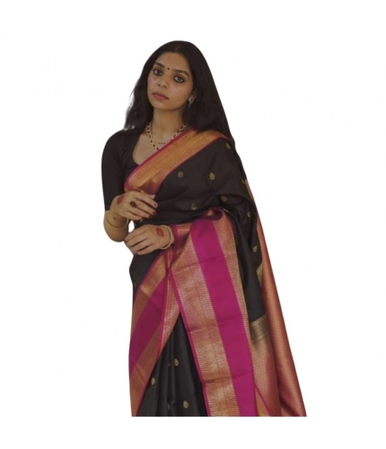 Women's Silk Printed Saree With Unstitched Blouse 5.5Mtr (Black-Pink)