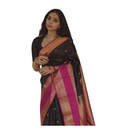 Women's Silk Printed Saree With Unstitched Blouse 5.5Mtr (Black-Pink)