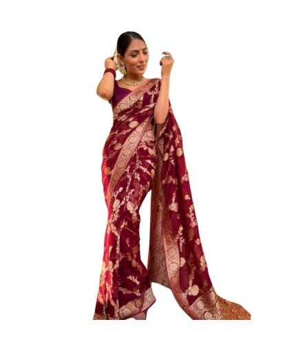 Women's Silk Printed Saree With Unstitched Blouse 5.5Mtr (Maroon)
