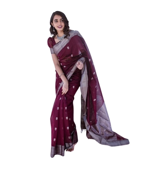 Women's Cotton  Printed Saree With Unstitched Blouse 5.5Mtr (Maroon)
