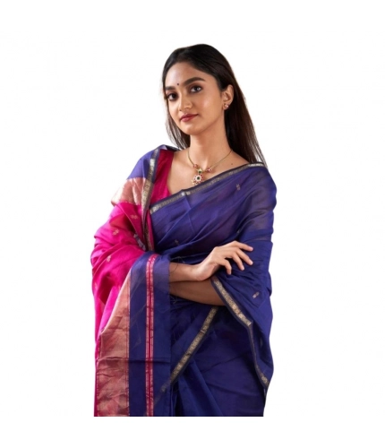 Women's Cotton  Printed Saree With Unstitched Blouse 5.5Mtr (Blue)
