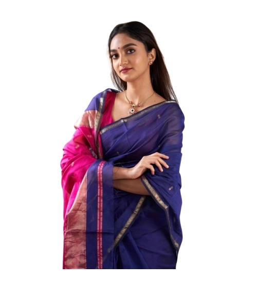Women's Cotton  Printed Saree With Unstitched Blouse 5.5Mtr (Blue)