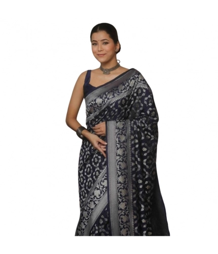 Women's Silk Printed Saree With Unstitched Blouse 5.5Mtr (Navy Blue)