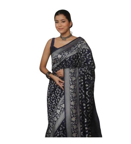 Women's Silk Printed Saree With Unstitched Blouse 5.5Mtr (Navy Blue)