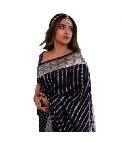 Women's Silk Printed Saree With Unstitched Blouse 5.5Mtr (Black)