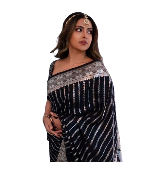 Women's Silk Printed Saree With Unstitched Blouse 5.5Mtr (Black)