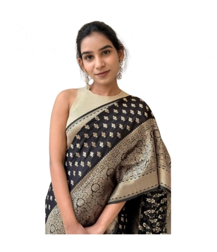 Women's Silk Printed Saree With Unstitched Blouse 5.5Mtr (Black)